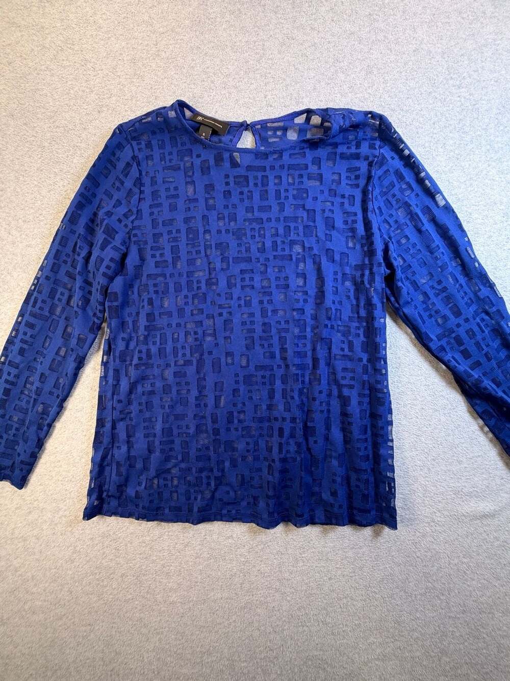 INC International Concepts Blouse Size XL Blue Sheer Geometric Long Sleeve